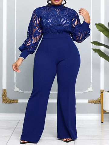 Full Size Lace Lantern Sleeve Flare Jumpsuit Plus Size