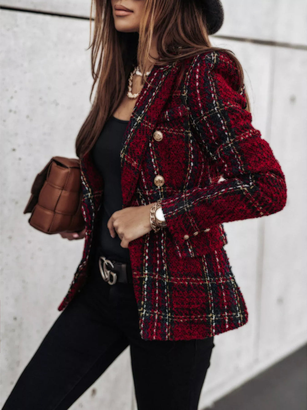 Full Size Plaid Tweed Double-Breasted Blazer Plus Size