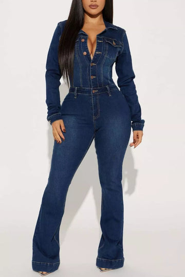 Slim-Fit Long Sleeve Denim Jumpsuit with Flared Legs