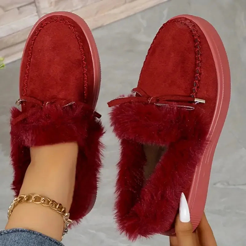 Bow Furry Round Toe Flat Slip Ons