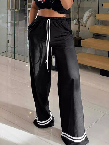 Wide-Leg Drawstring Pants with Striped Hem