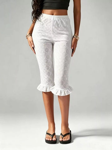 Eyelet Ruffled Hem Capris