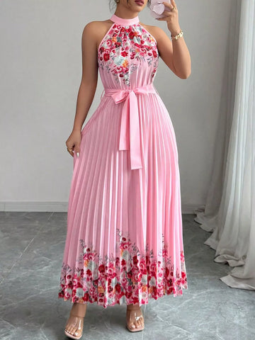 Halter Neck Floral Print Pleated Maxi Dress