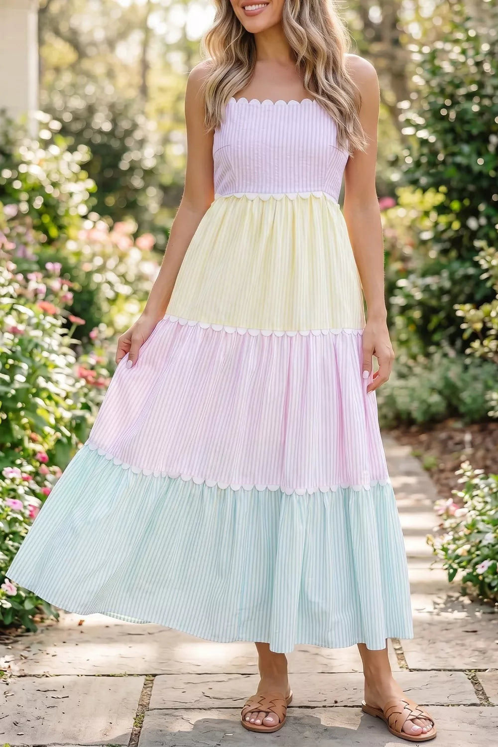 Striped Colorblock Adjustable Strap Scalloped Detail Long Dress