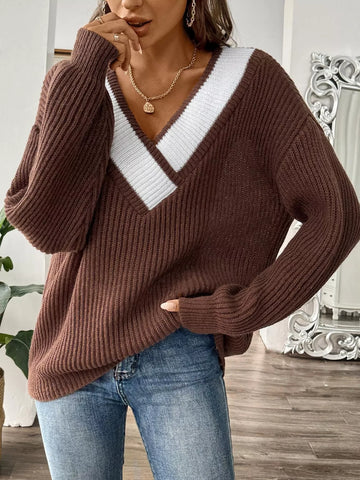 Contrast Trim V-Neck Ribbed Sweater