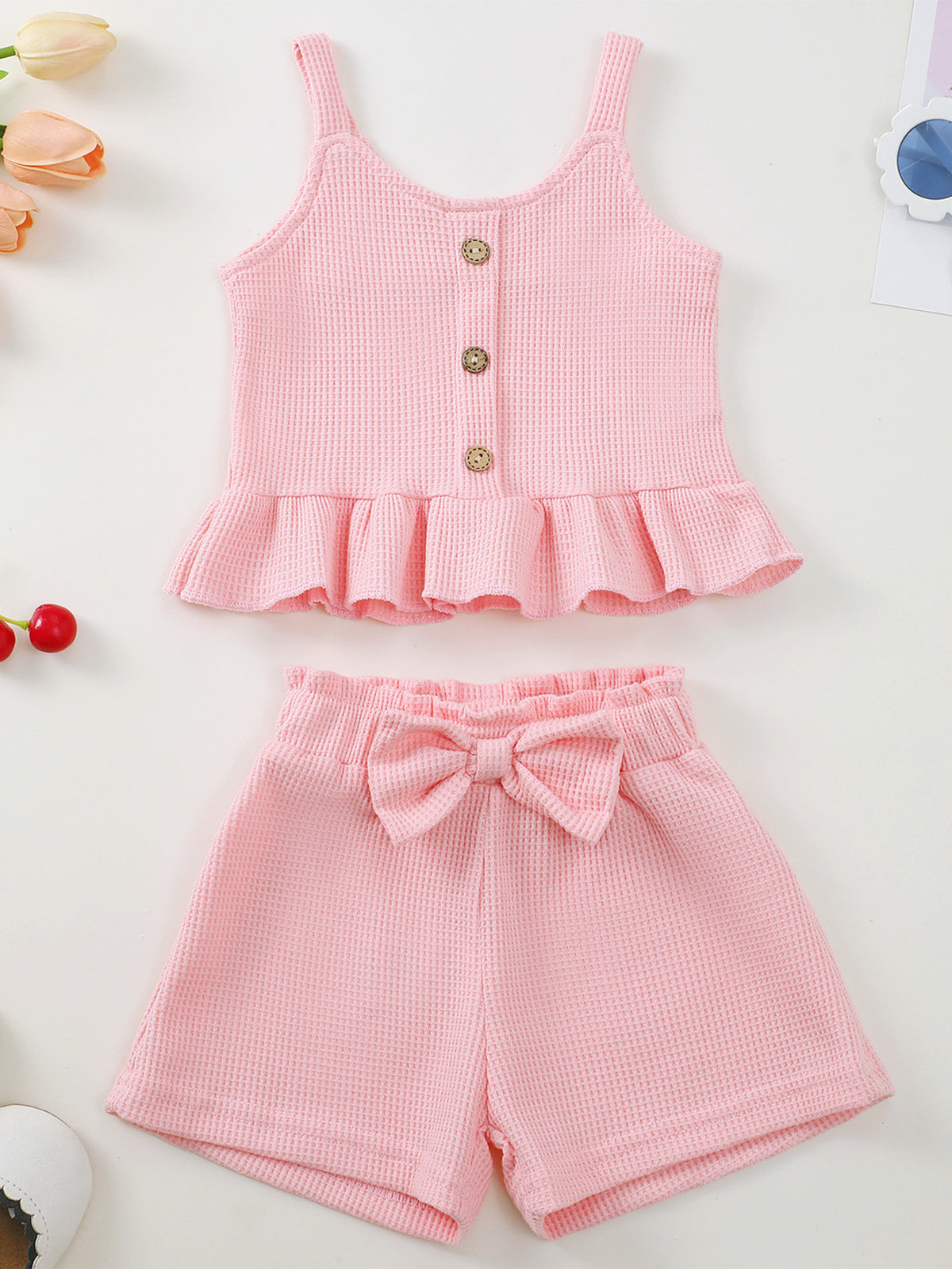 Children's Waffle Knit Tank Top and Bow Shorts Set