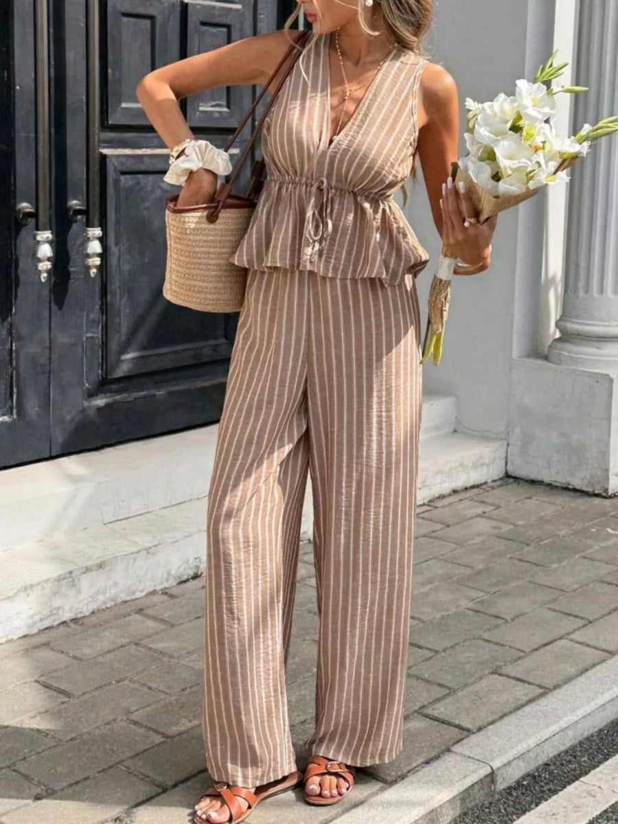 Striped Sleeveless Top & Wide-Leg Pants Set