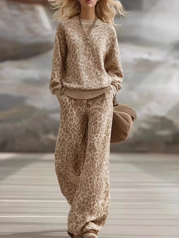 Leopard Dropped Shoulder Top and Pants Set