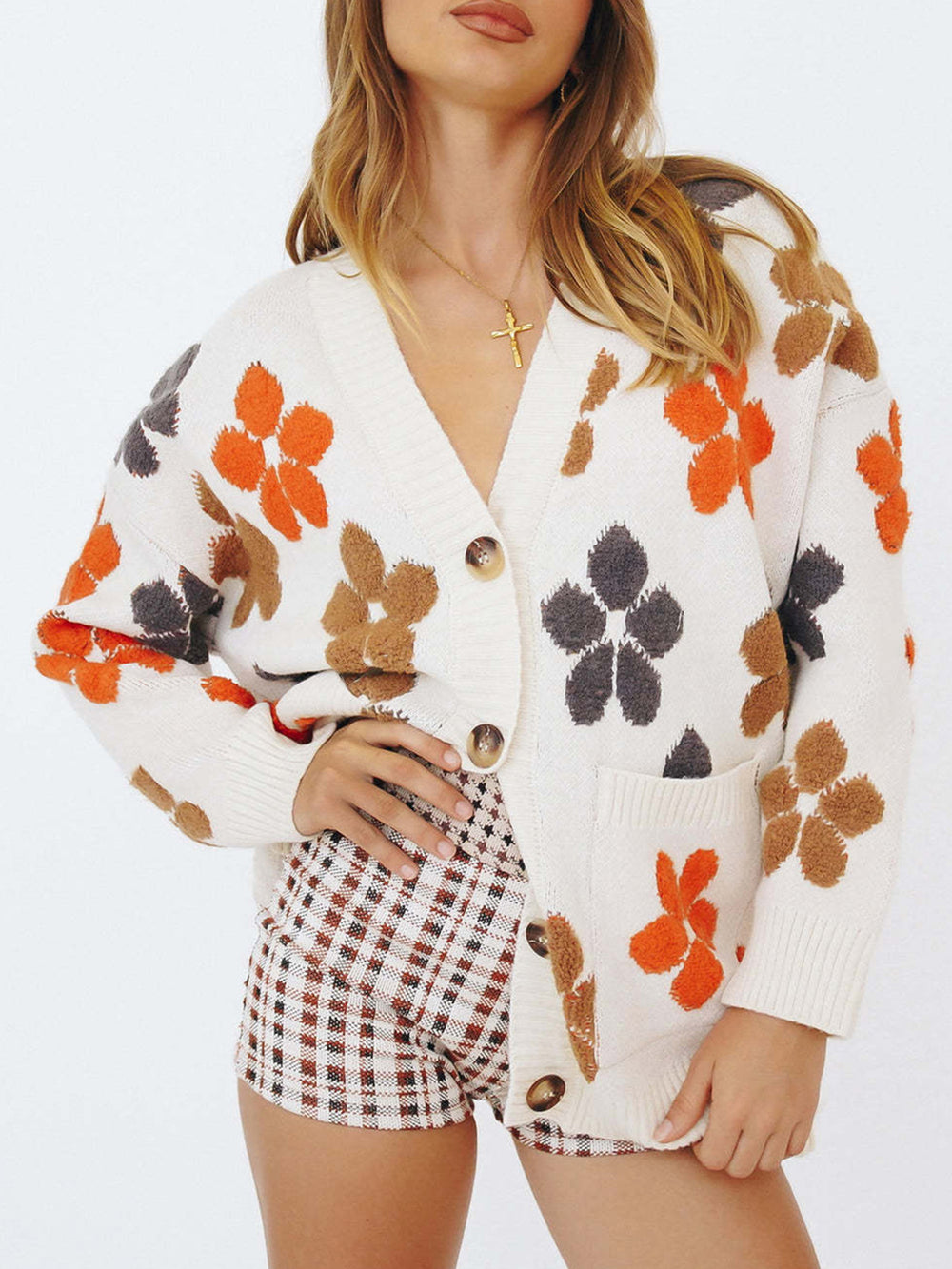 Floral V Neck Button Up Long Sleeve Cardigan