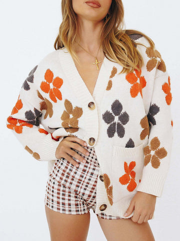 Floral V Neck Button Up Long Sleeve Cardigan