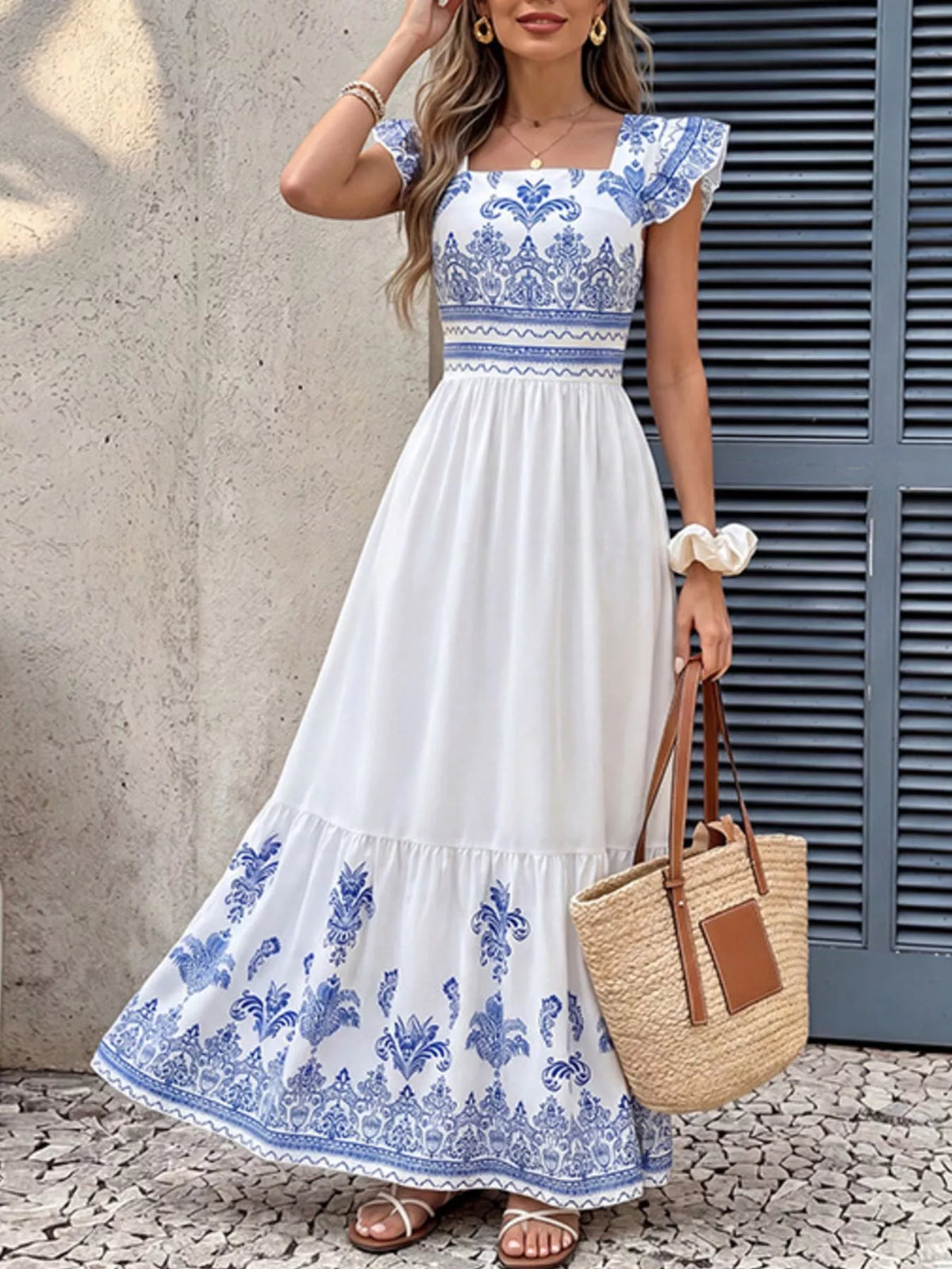 Printed Square-Neck Maxi Dress