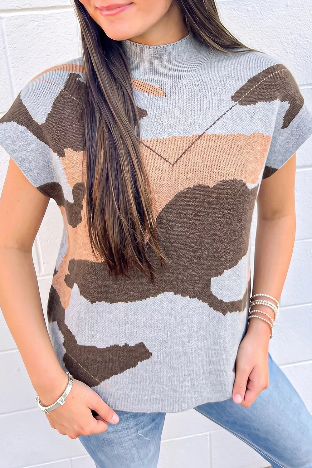 Camouflage Pattern Drop Shoulder High Neck Short Sleeve Shift Sweater