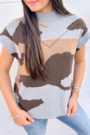 Camouflage Pattern Drop Shoulder High Neck Short Sleeve Shift Sweater