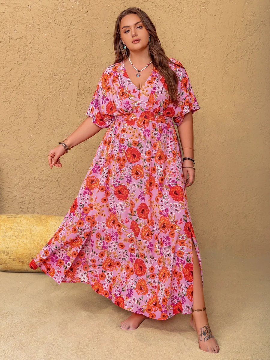 Plus Size Slit Floral V Neck Half Sleeve Maxi Dress