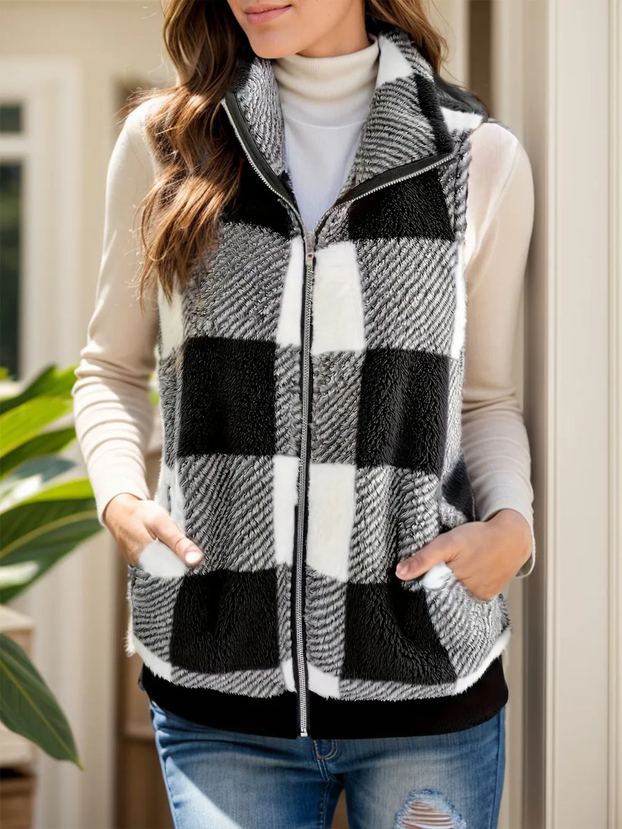 Pocketed Plaid Zip-Up Vest