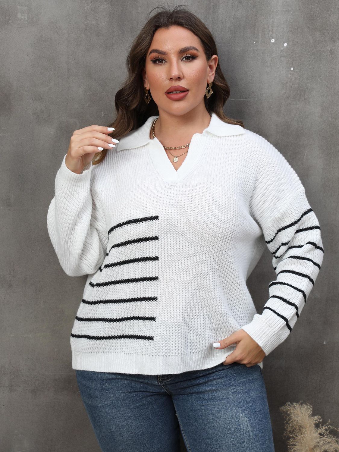 Plus Size Striped V-Neck Sweater selected from Curve Icons for Designed to Be Seen: The Curve Icons Edit