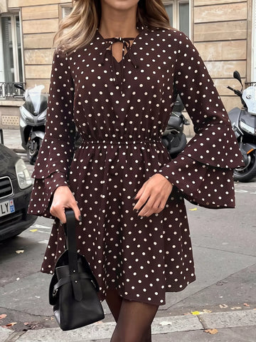 Polka Dot Flare Sleeve Tie Neck Dress