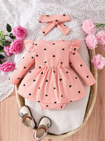 Children's Heart Print Ruffle Trim Bodysuit Dress with Headband