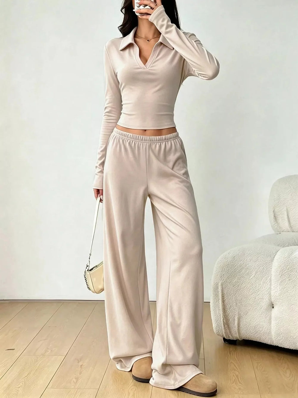 Solid Color Long Sleeve Polo Collar Top and Wide Leg Pants Set