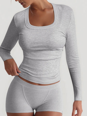 Square Neck Long Sleeve Top and Shorts Set