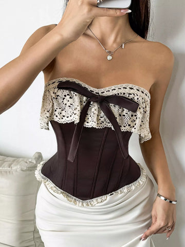 Crochet Lace Strapless Boned Corset Lace‑Up Waist Cincher Tube Top