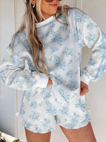 Floral Print Long Sleeve Sweatshirt and Shorts Set