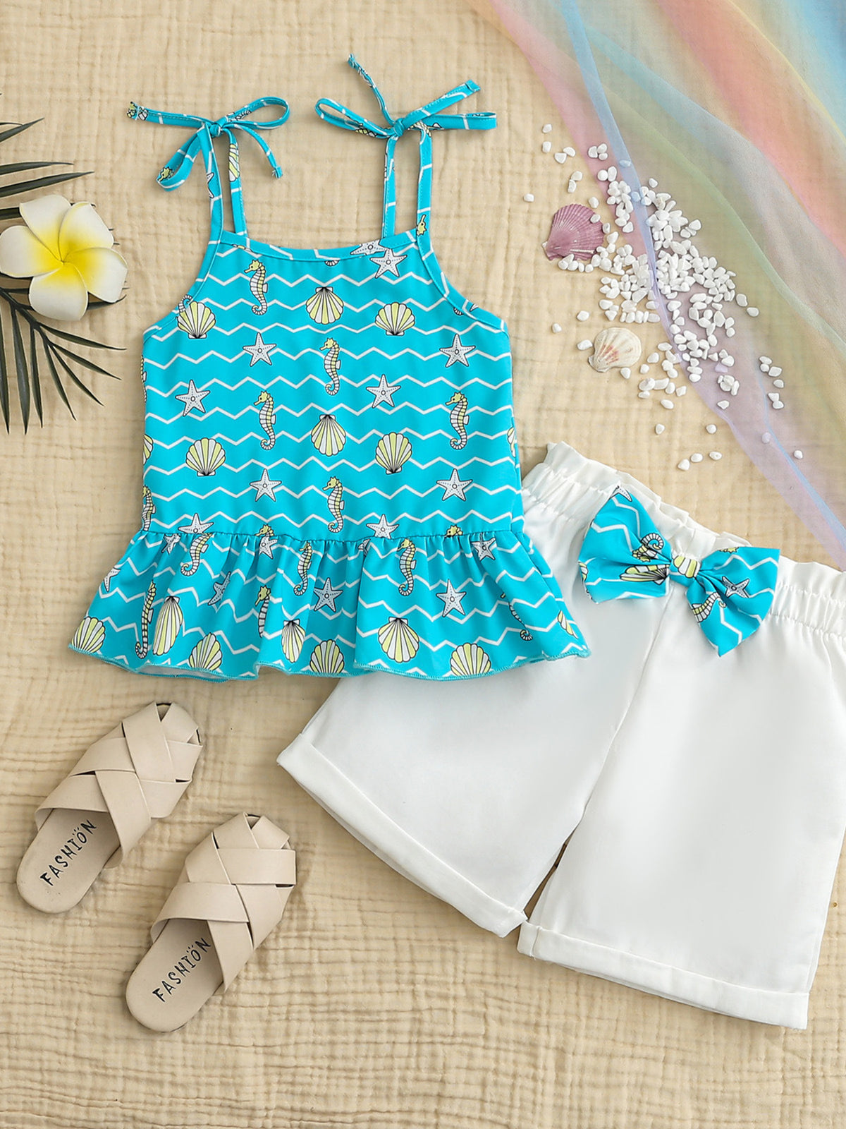 Children's Seahorse & Shell Print Cami Top with Bow Decor Shorts Set
