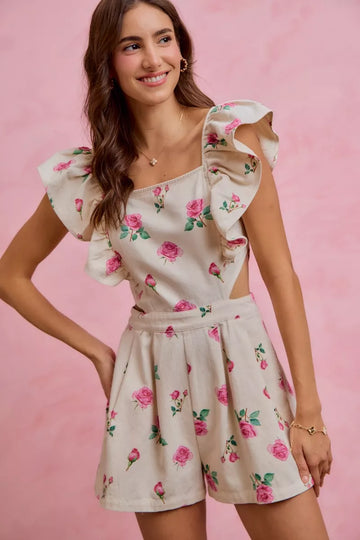 SO ME Floral Print Denim Cut Out Waist Ruffled Romper