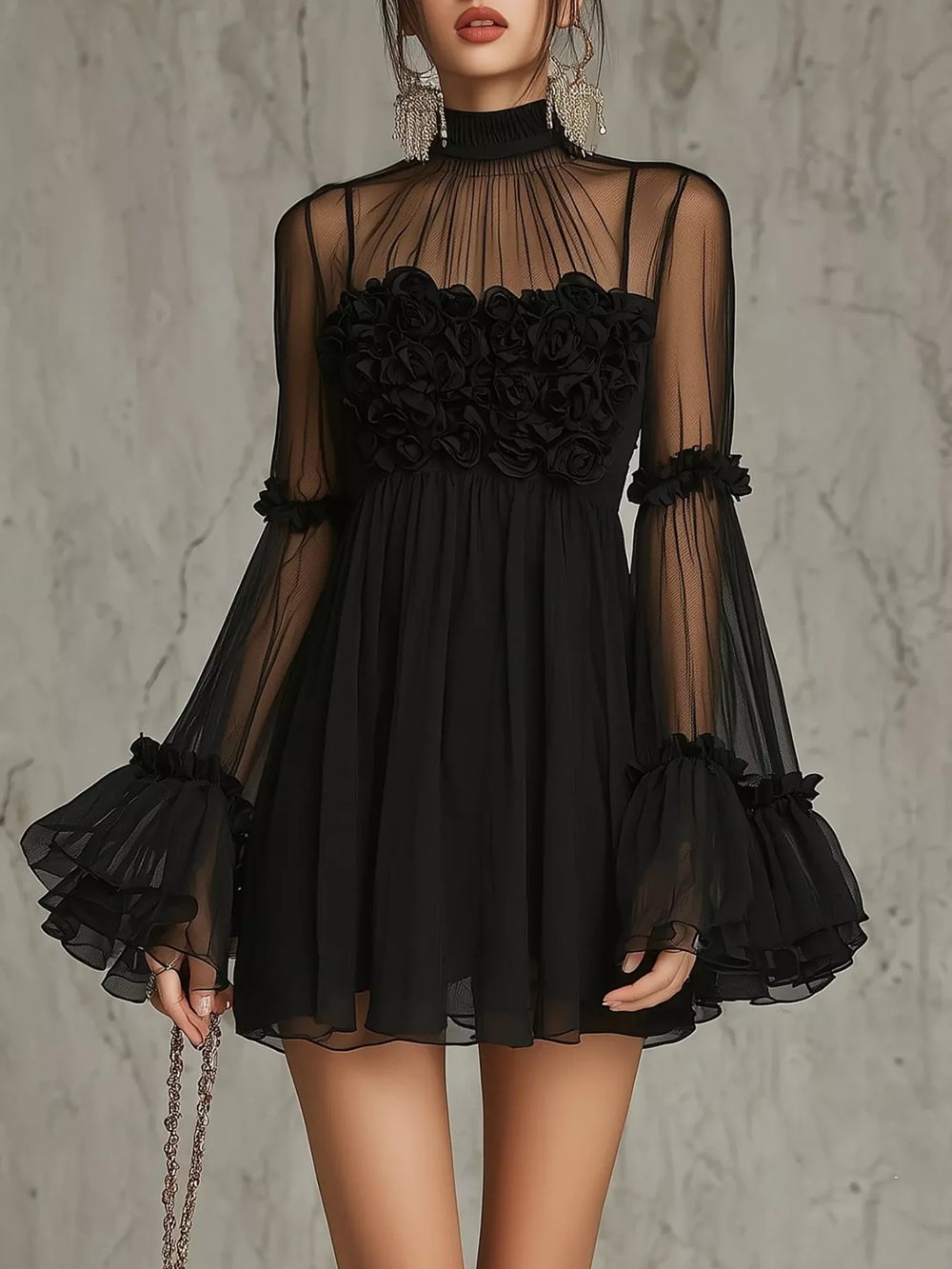 Sheer Mesh Flare Sleeve Mini Dress