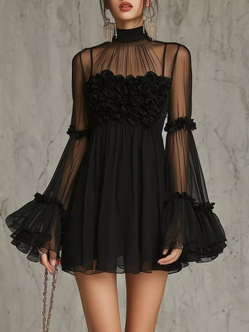 Sheer Mesh Flare Sleeve Mini Dress