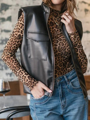 Leather Sleeveless Zip-Up Vest