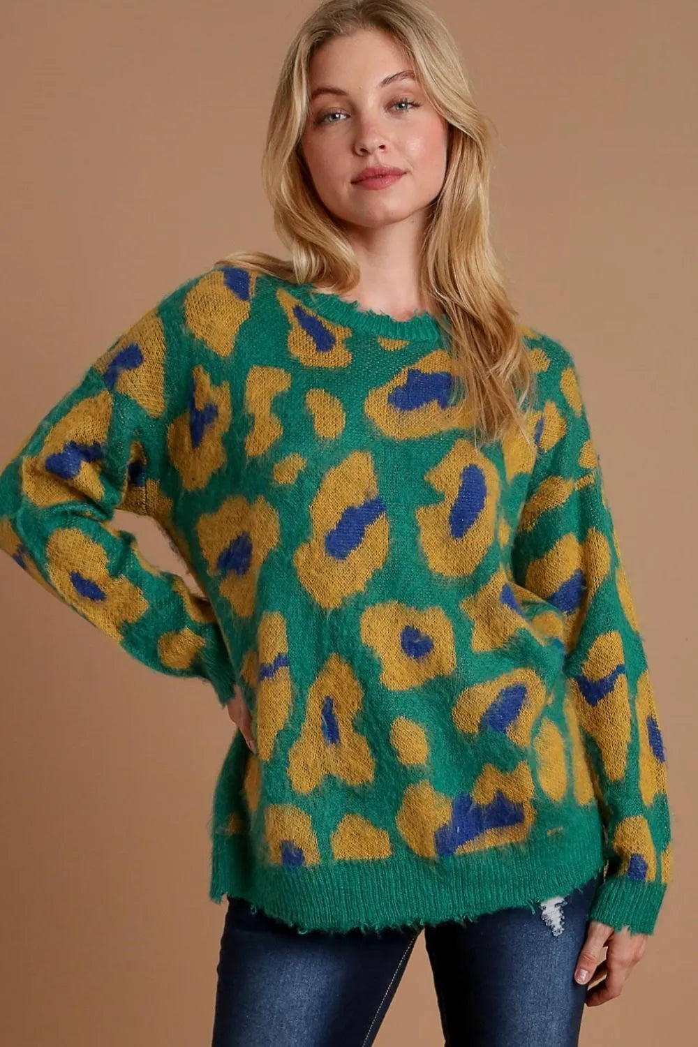 Umgee Full Size Leopard Destroyed Rib Band Sweater Plus Size