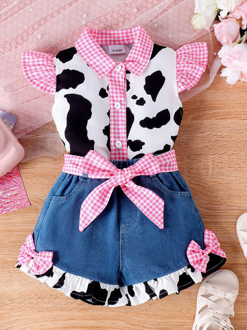 Children's Cow Print Ruffle Trim Top and Denim Shorts Set