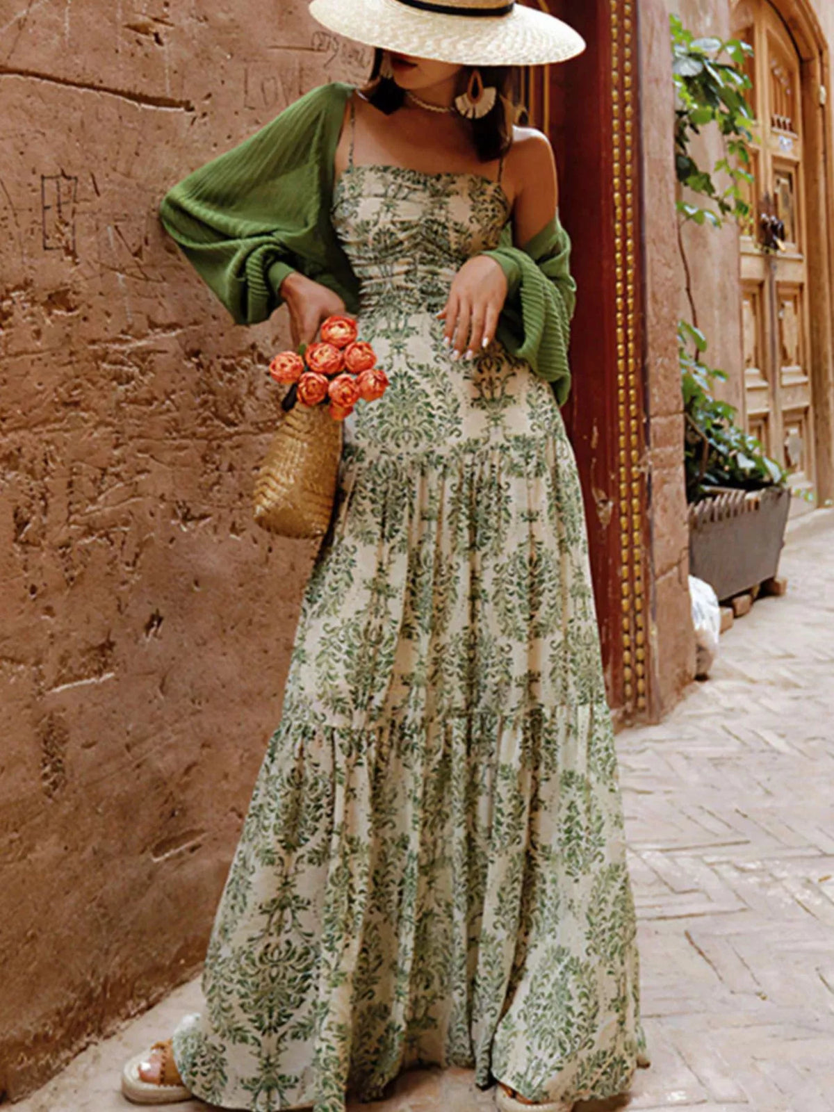 Cutout Back Printed Spaghetti Strap Tiered Maxi Dress