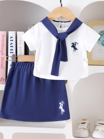 Children's Sailor Collar Embroidered Tee and Skirt Set