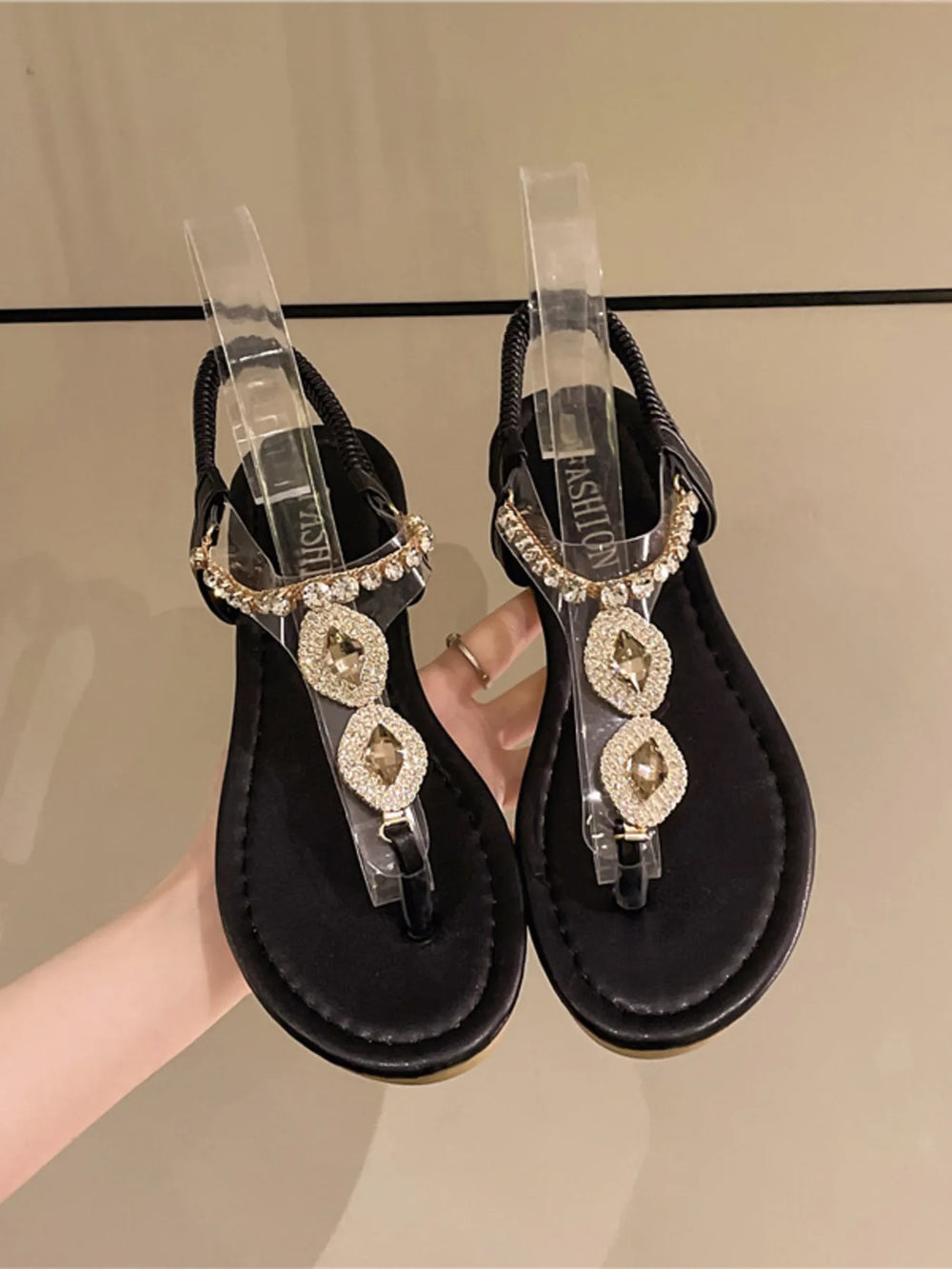 Rhinestone T Strap Flat Sandals