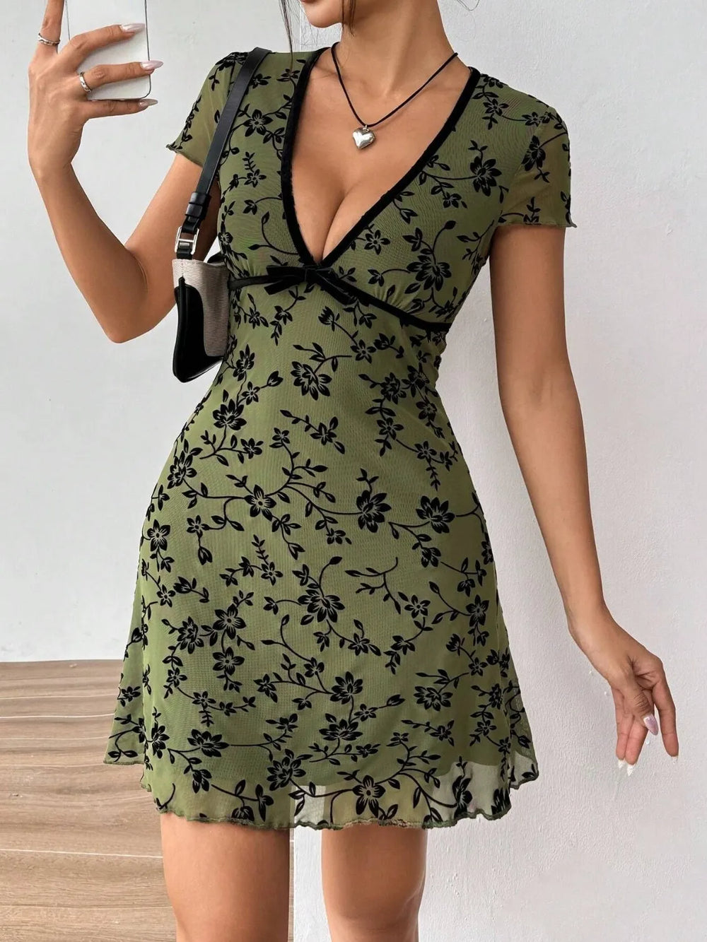 Printed V Neck Short Sleeve Mini Dress