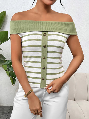 Decorative Button Striped Off Shoulder Knit Top