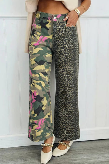 Retro Floral Leopard Patchwork Raw Hem Jeans