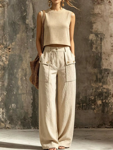 Sleeveless Crop Top and High-Waisted Wide-Leg Cargo Pants Set