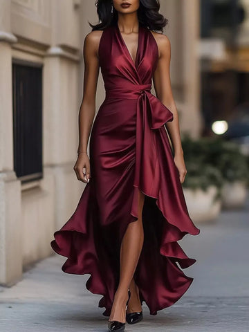 High Low Ruffled Satin Maxi Dress