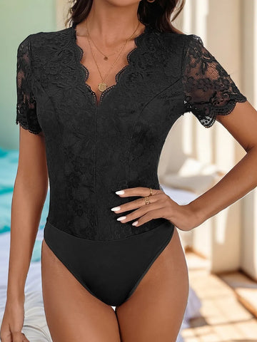 Perfee V Neck Lace Bodysuit