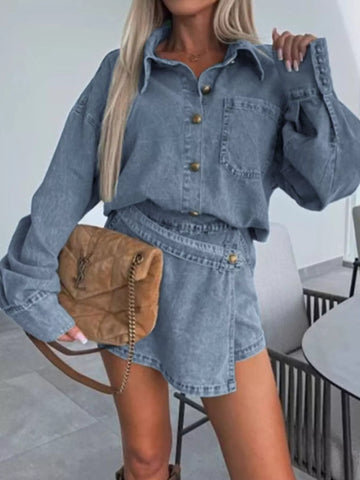 Button-Front Shirt and Mini Skirt Oversized Denim Set