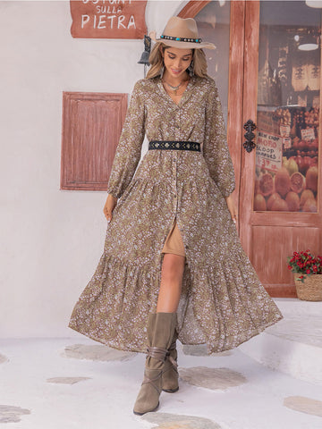 Floral Button Up V Neck Tiered Dress