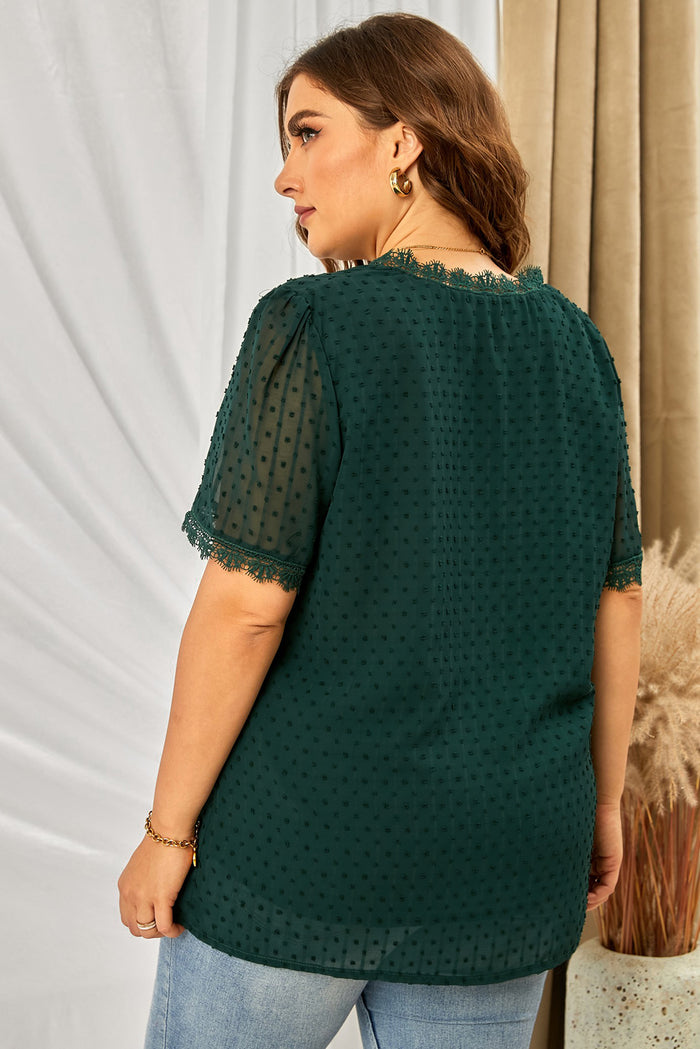 Plus Size Swiss Dot Spliced Lace V Neck Blouse