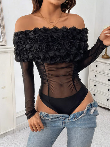 Flower Off Shoulder Mesh Bodysuit