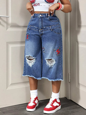 Distressed Wide Leg Denim Capris