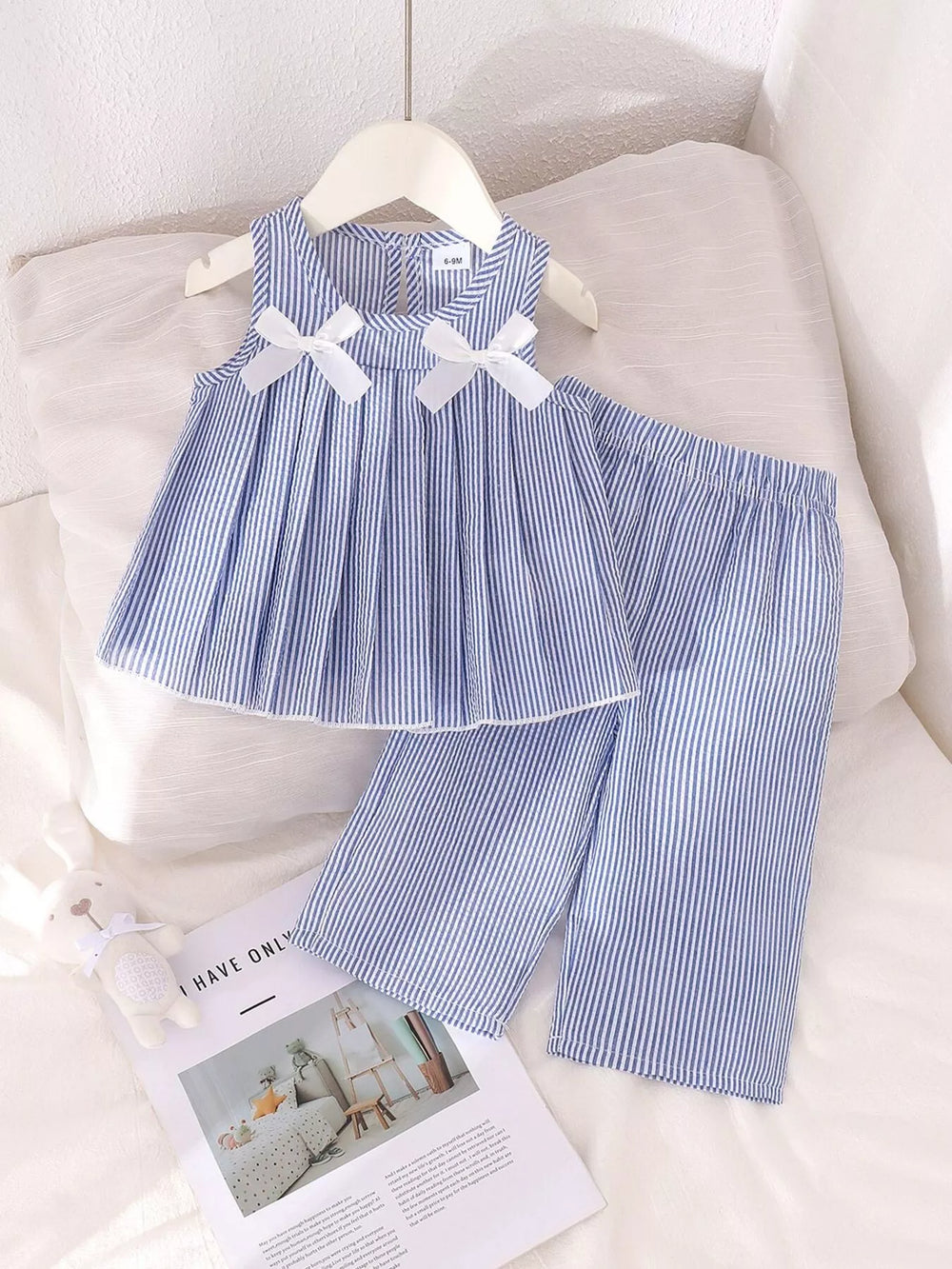 Children's Striped Sleeveless Top and Pants Set with Bows