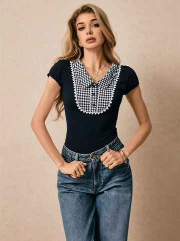 Gingham Collar Slim Fit Blouse