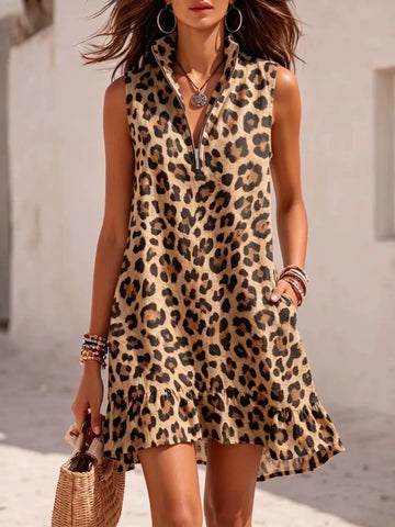 Sleeveless Leopard Print Zipper-Neck Ruffle Hem Mini Dress